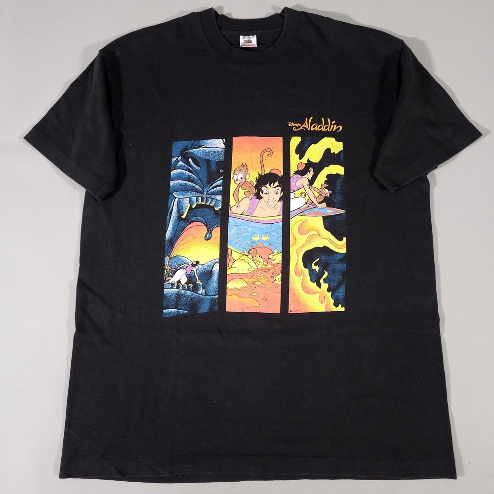 Aladdin T-Shirt Mens XL Black Vintage 90s Disney Single Stitch Cave of Wonders